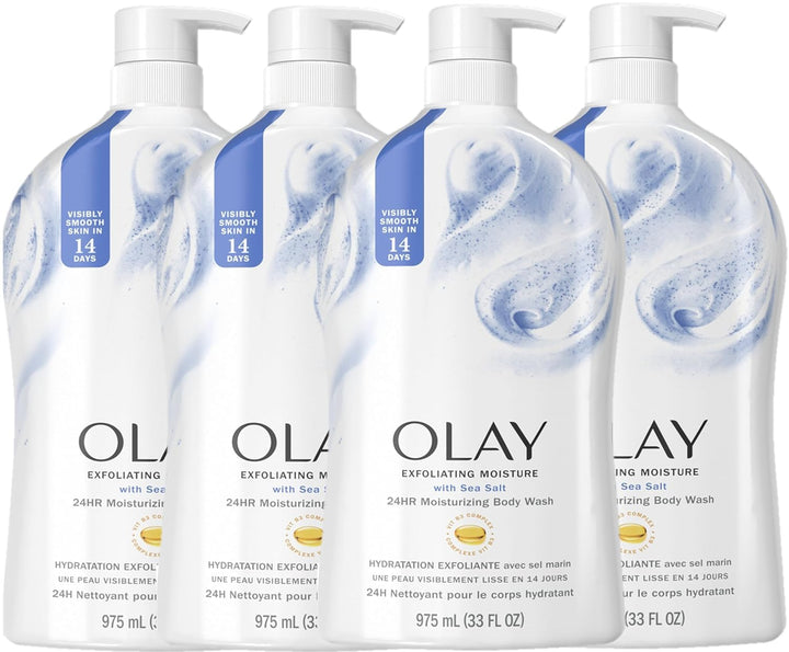 Olay Exfoliating Body Wash for Women with Sea Salt & Vitamin B3, 33 fl oz (Pack of 4)