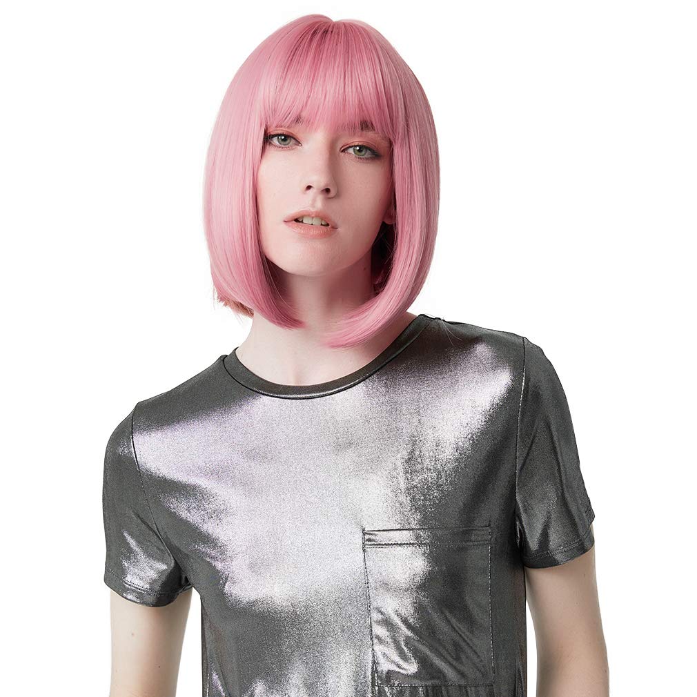 11 Inches, Short Length-Princess Pink: Reecho 11 Short Bob Wig With Bangs Cosplay Synthetic Hair For White Black Women Color: Princess Pink