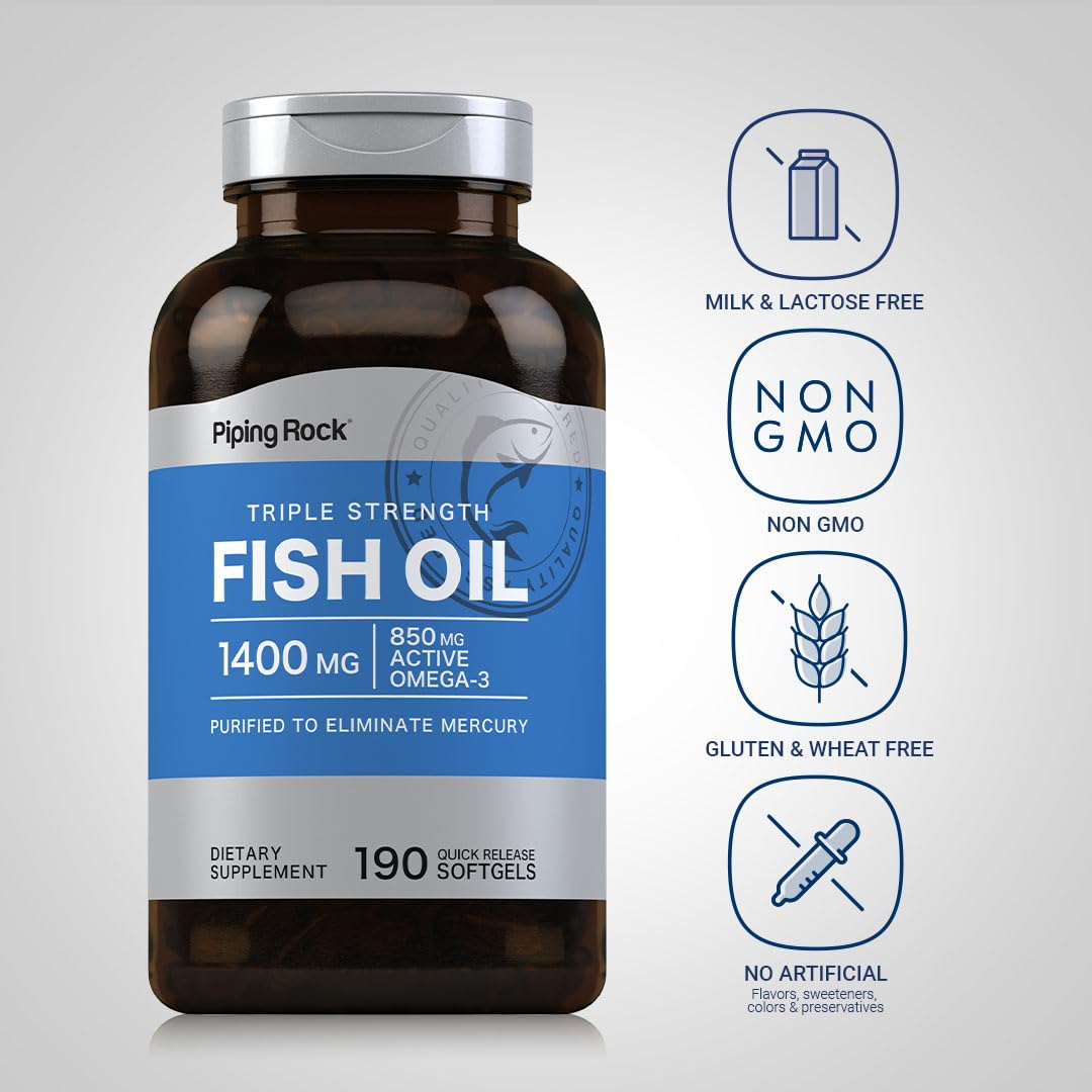 Piping Rock Fish Oil Omega 3 Supplement | 1400 mg | 190 Softgels | for Women and Men | Triple Strength | with EPA & DHA | Non-GMO & Gluten Free