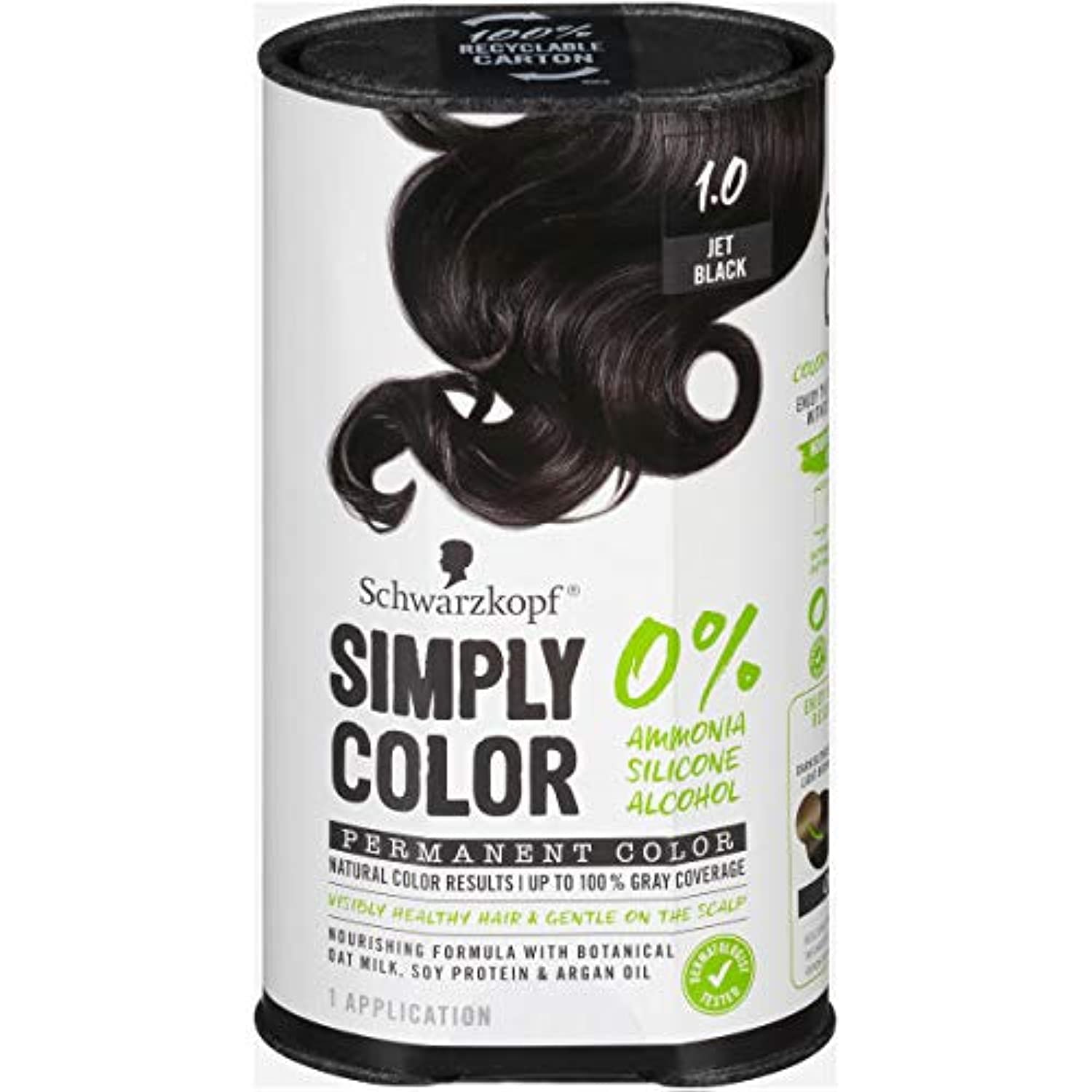 Schwarzkopf Simply Color Hair Color 1.0 Jet Black, 1 Application - Permanent Hair Dye for Healthy Looking Hair without Ammonia or Silicone, Dermatologist Tested, No PPD & PTD
