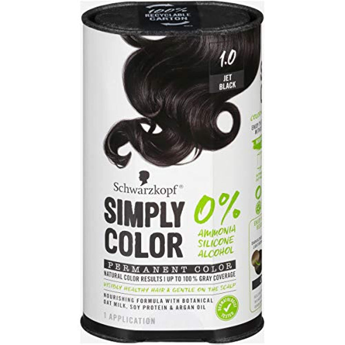 Schwarzkopf Simply Color Hair Color 1.0 Jet Black, 1 Application - Permanent Hair Dye for Healthy Looking Hair without Ammonia or Silicone, Dermatologist Tested, No PPD & PTD
