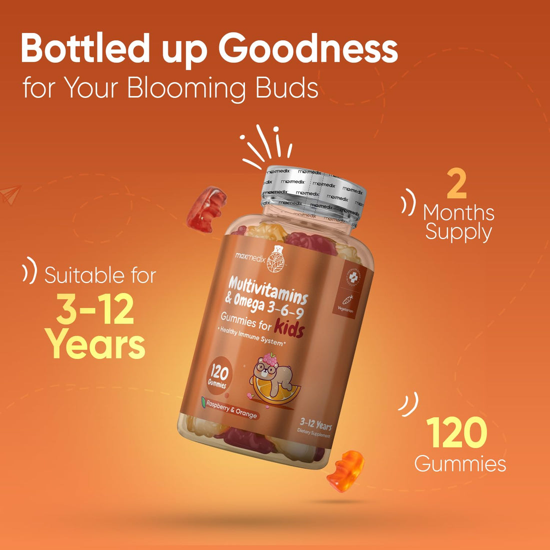 maxmedix Kids Multivitamin Gummies & Omega 3, 6 & 9-120 Gummies (2 Months Supply) - for Healthy Immune System - Enriched with 12 Essential Vitamins - Natural Raspberry & Orange Flavor (3-12 Years)