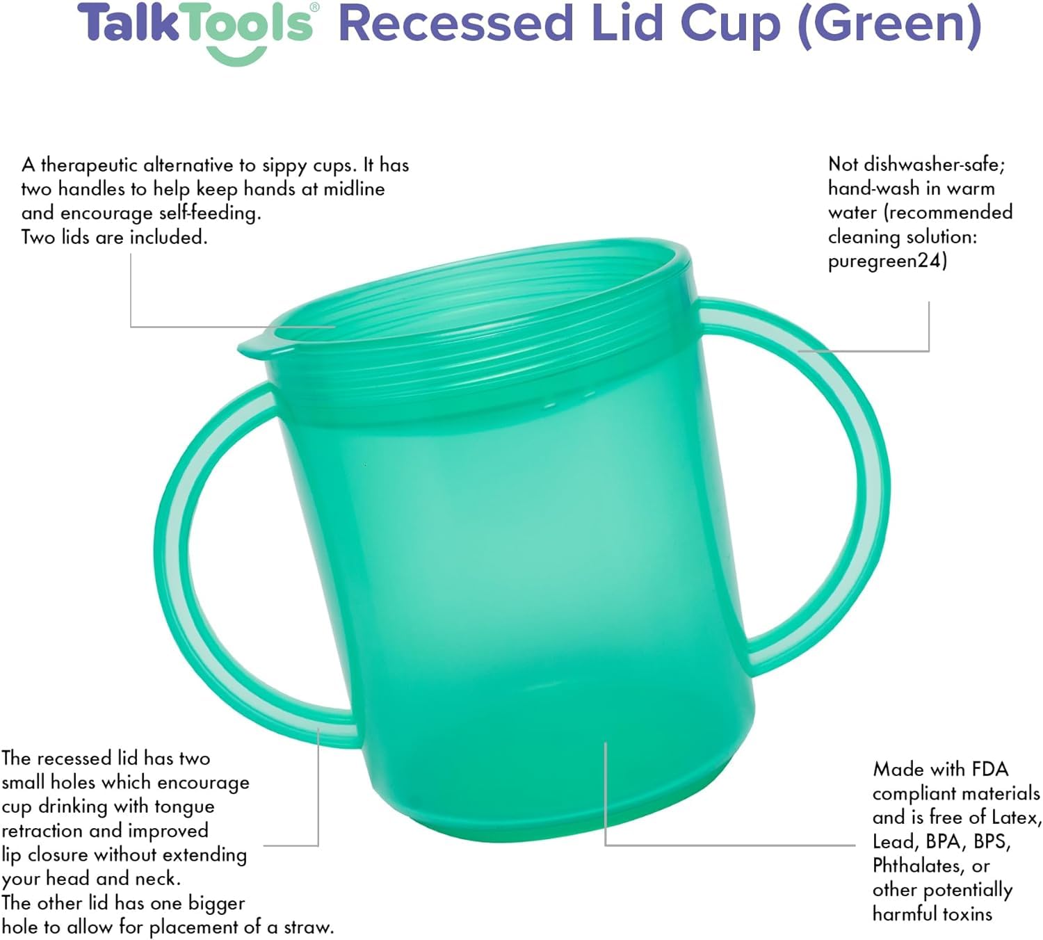 TalkTools Recessed Lid Cup with Handles - 2 Lids - Green