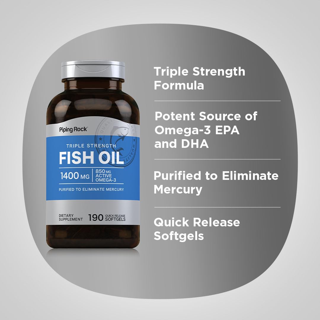 Piping Rock Fish Oil Omega 3 Supplement | 1400 mg | 190 Softgels | for Women and Men | Triple Strength | with EPA & DHA | Non-GMO & Gluten Free