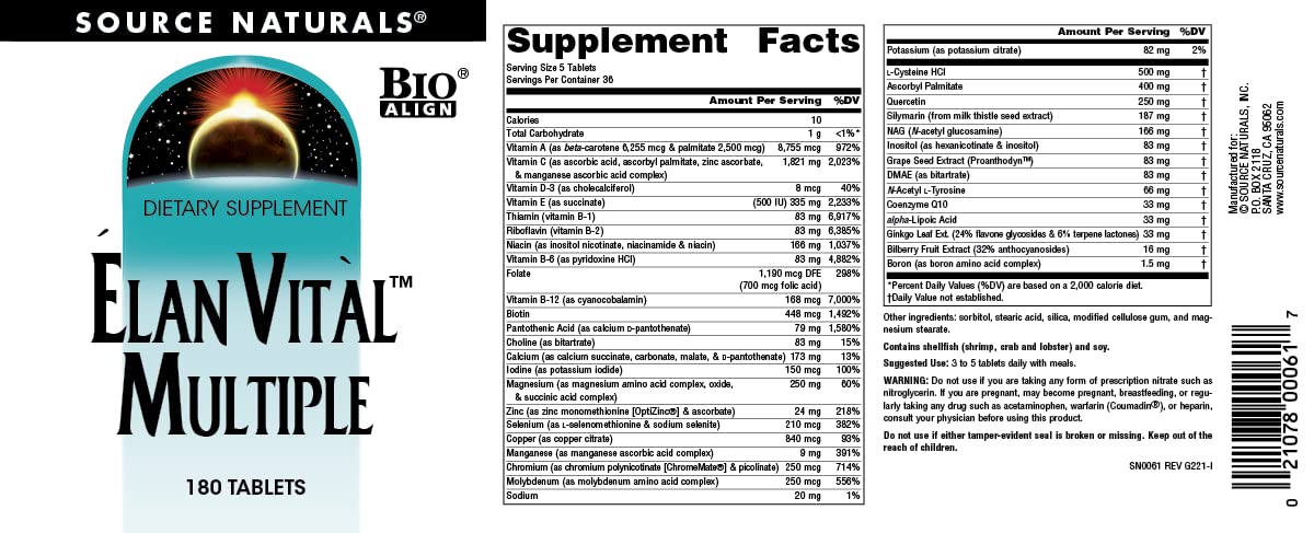 Source Naturals Elan Vital Multiple - Supports Brain, Heart, Liver, Immune, Energy Boost - 180 Tablets