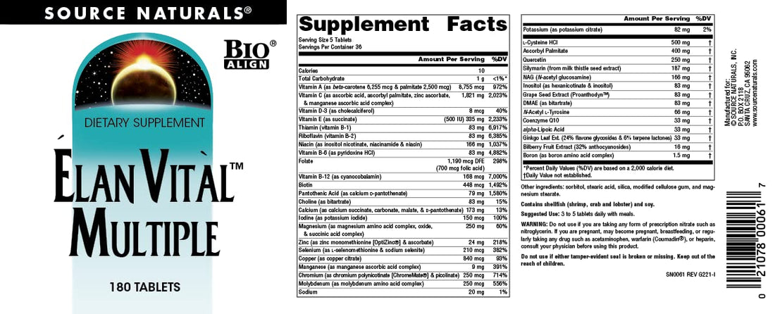 Source Naturals Elan Vital Multiple - Supports Brain, Heart, Liver, Immune, Energy Boost - 180 Tablets