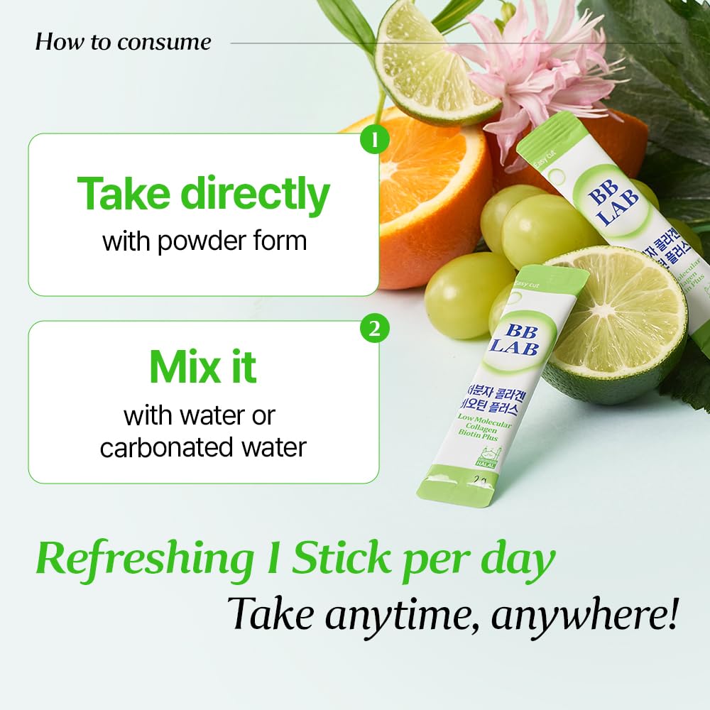 BB LAB Low Molecular Collagen Biotin Plus, Halal Collagen, Powder Supplement, Korean Marine Collagen, Fish Collagen Peptides, Biotin, Vitamin C, Fast Absorption, Shine Muscat Flavor