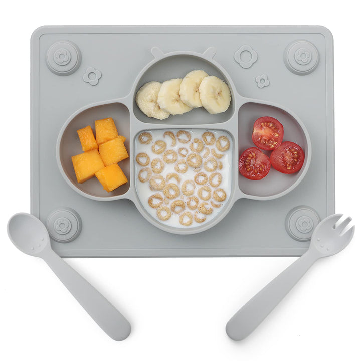 ROCCED Suction Plates for Baby Placemat Spoon Fork Set for Toddlers, Silicone Baby Plates with Suction Baby Dishes for Kids Plates-grey