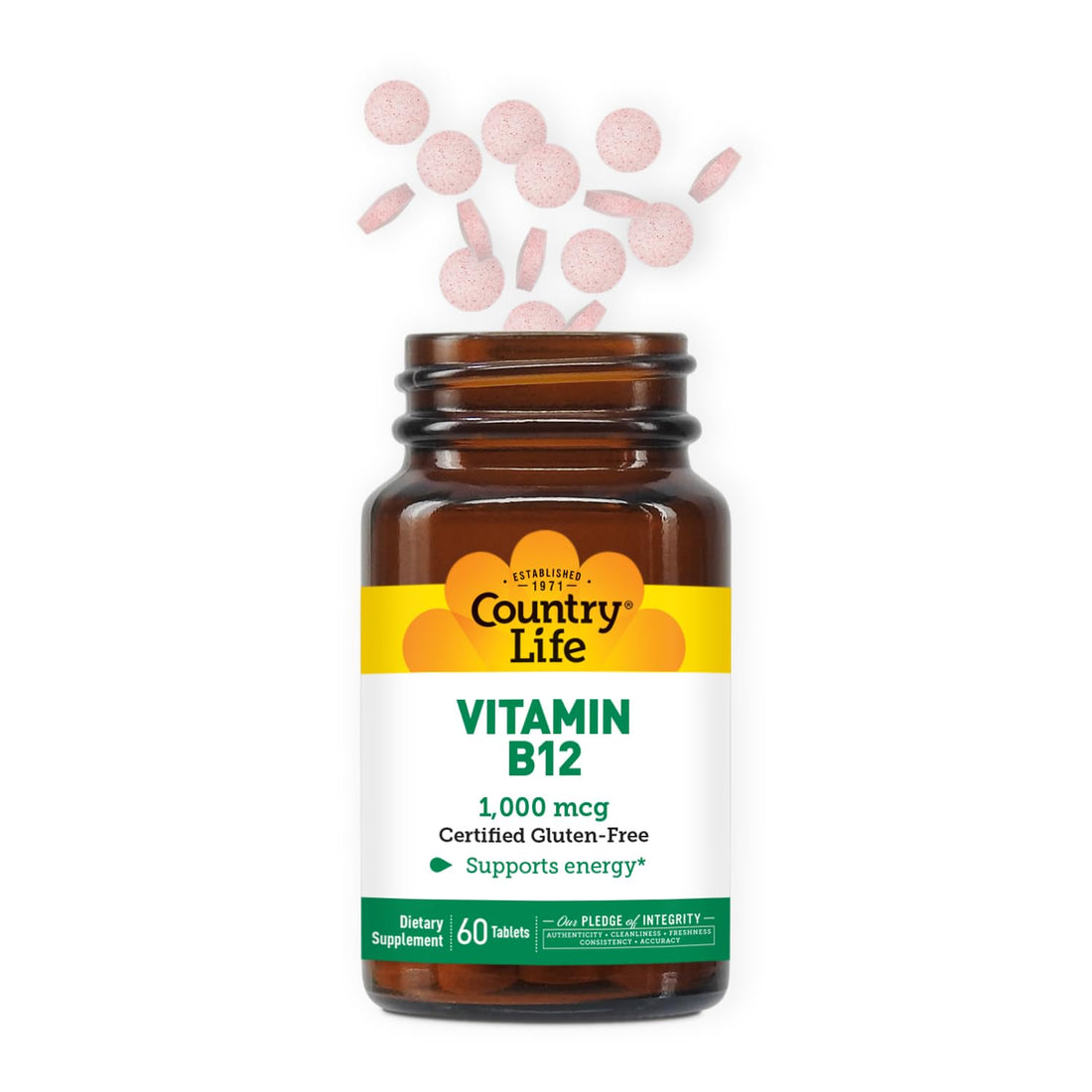 Country Life Vitamin B12 Supplement - Essential for Brain Function, Nerve Health, Red Blood Cells - Ideal for Anemia Prevention - Vegan Vitamin B, 1000 mcg - Gluten-Free, 60 Tablets