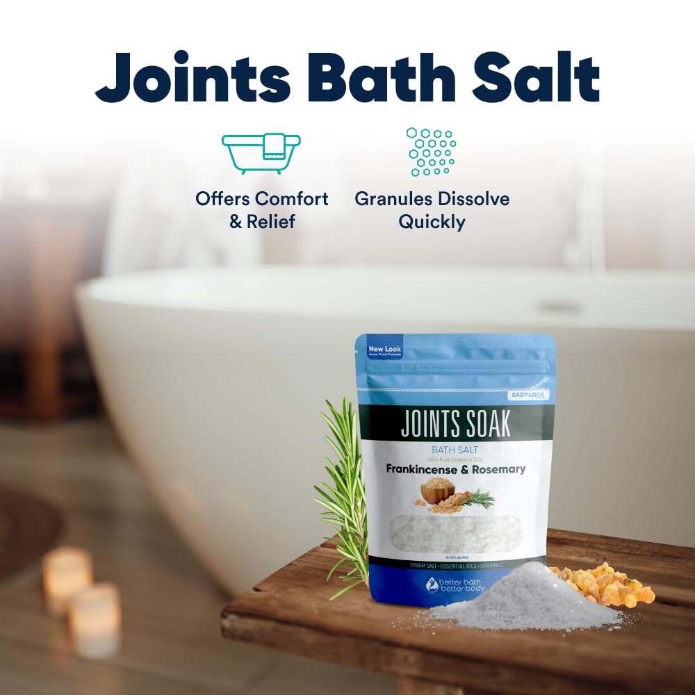 Joints Soak Bath Salt 32 Ounces Epsom Salt with Natural Rosemary, Frankincense and Peppermint Essential Oils Plus Vitamin C in BPA Free Pouch with Easy Press-Lock Seal
