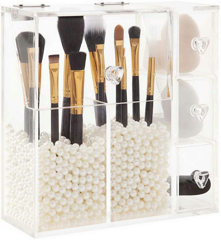 PuTwo All In One Acrylic Makeup Organiser with 2 Make Up Brush Holders And 3 Drawers and White Pearl