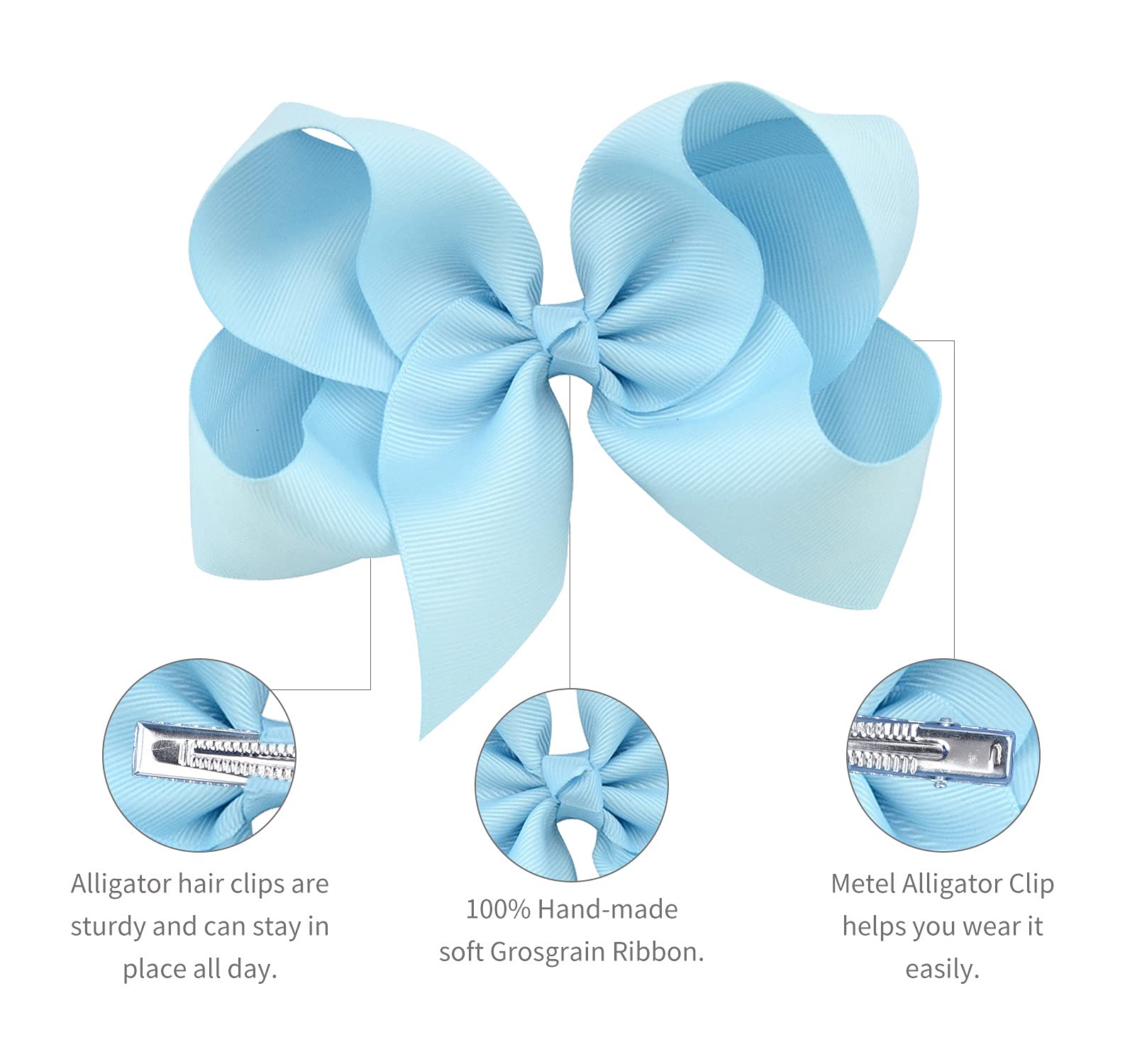 DEEKA 2 PCS 6 Big Hand-made Grosgrain Ribbon Solid Color Hair Bows Alligator Clips Hair Accessories for Little Teen Toddler Girls Kids Set of 2 -Light Blue