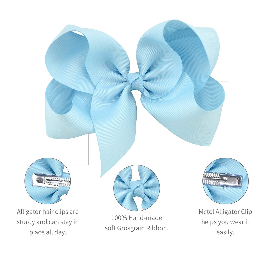 DEEKA 2 PCS 6 Big Hand-made Grosgrain Ribbon Solid Color Hair Bows Alligator Clips Hair Accessories for Little Teen Toddler Girls Kids Set of 2 -Light Blue