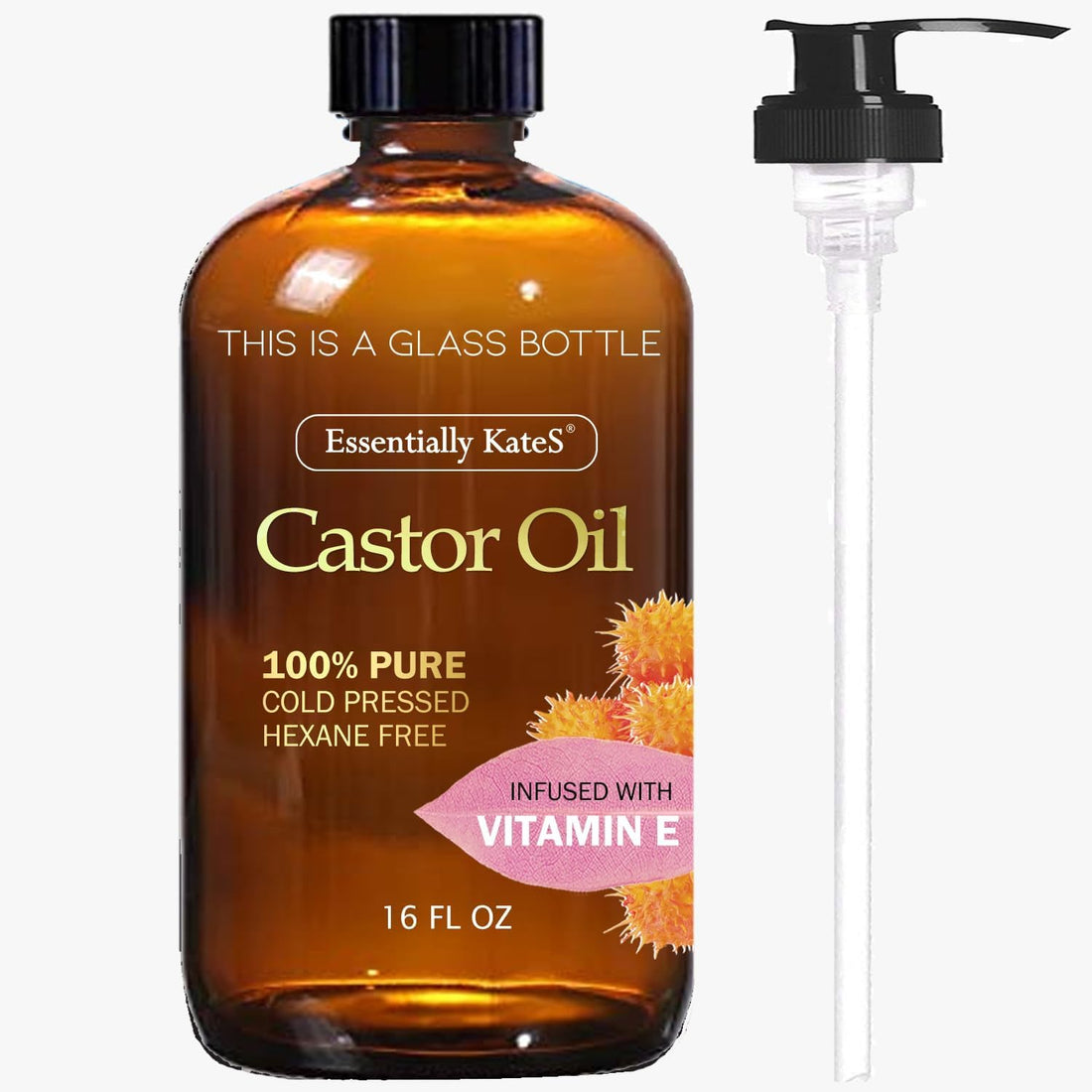 Essentially KateS Castor Oil 16 Fl Oz (Glass Bottle) - Vitamin E - A Huge Glass Bottle with a Pump - 100% Pure and Natural, Cold Pressed, and Hexane-Free - Hair Oil, Body Oil