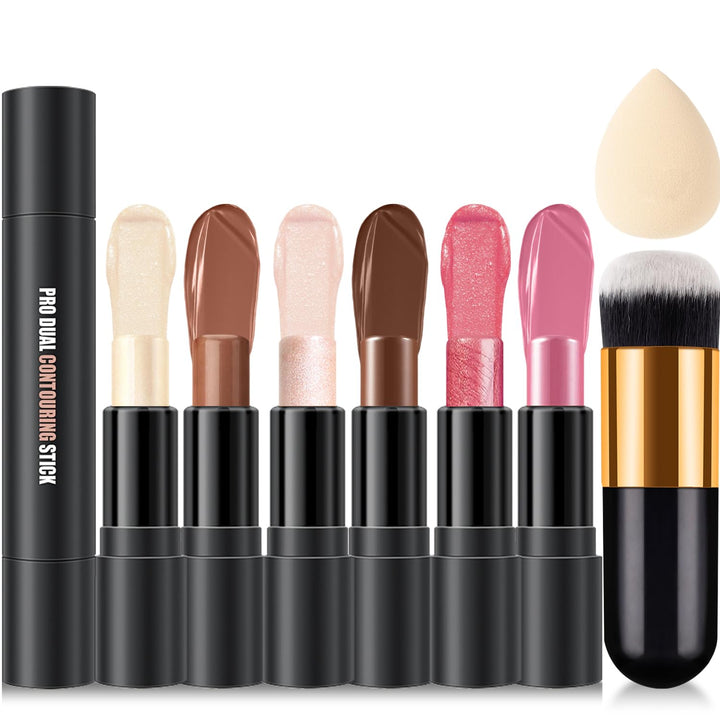 6 Colors Cream Contour Stick Makeup Kit,Shades with Highlighter,Blush,Bronzer Contour Stick for Sculpt the Cheeks,Long Lasting,Waterproof,Matte & Dewy Finish for Woman (SET A)