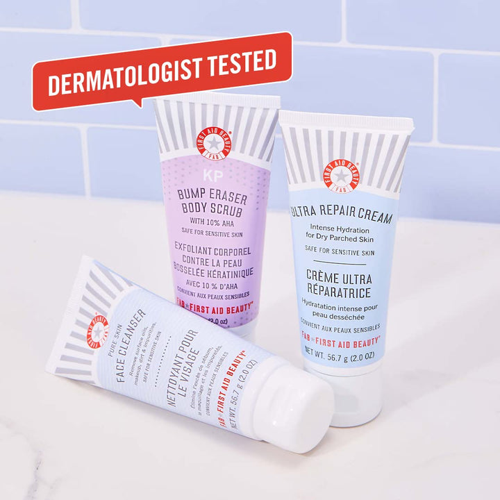 First Aid Beauty FAB Faves Trio: Cleanse & Hydrate Dry, Distressed Skin with Travel Size Essentials, KP Bump Eraser Body Scrub with 10% AHA, Ultra Repair Cream & Pure Skin Face Cleanser (2 oz, 3ct)