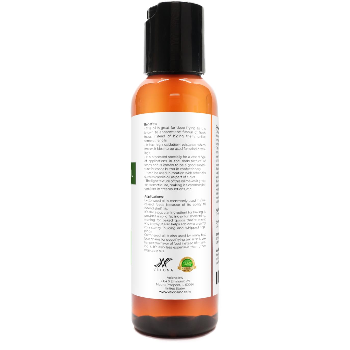 Cotton Seed Oil by Velona - 2 Fl Oz | 100% Pure and Natural Carrier Oil | Refined, Cold Pressed | Cooking, Skin, Face, Body, Hair Care | Use Today - Enjoy Results