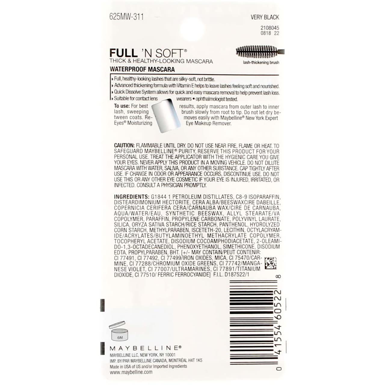 Maybelline Full 'N Soft Waterproof Mascara, Very Black [311], 0.28 oz (Pack of 2)