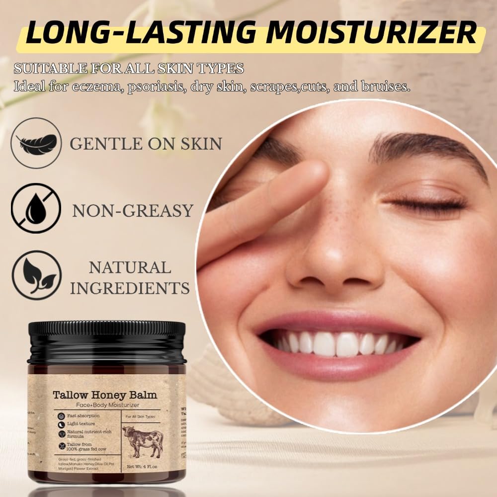 GAHQB Beef Tallow Honey Balm for Skin : Grass-Fed Beef Tallow Moisturizer For Face and Body, Tallow Cream with Manuka Honey Beeswax Olive Oil, 4 oz