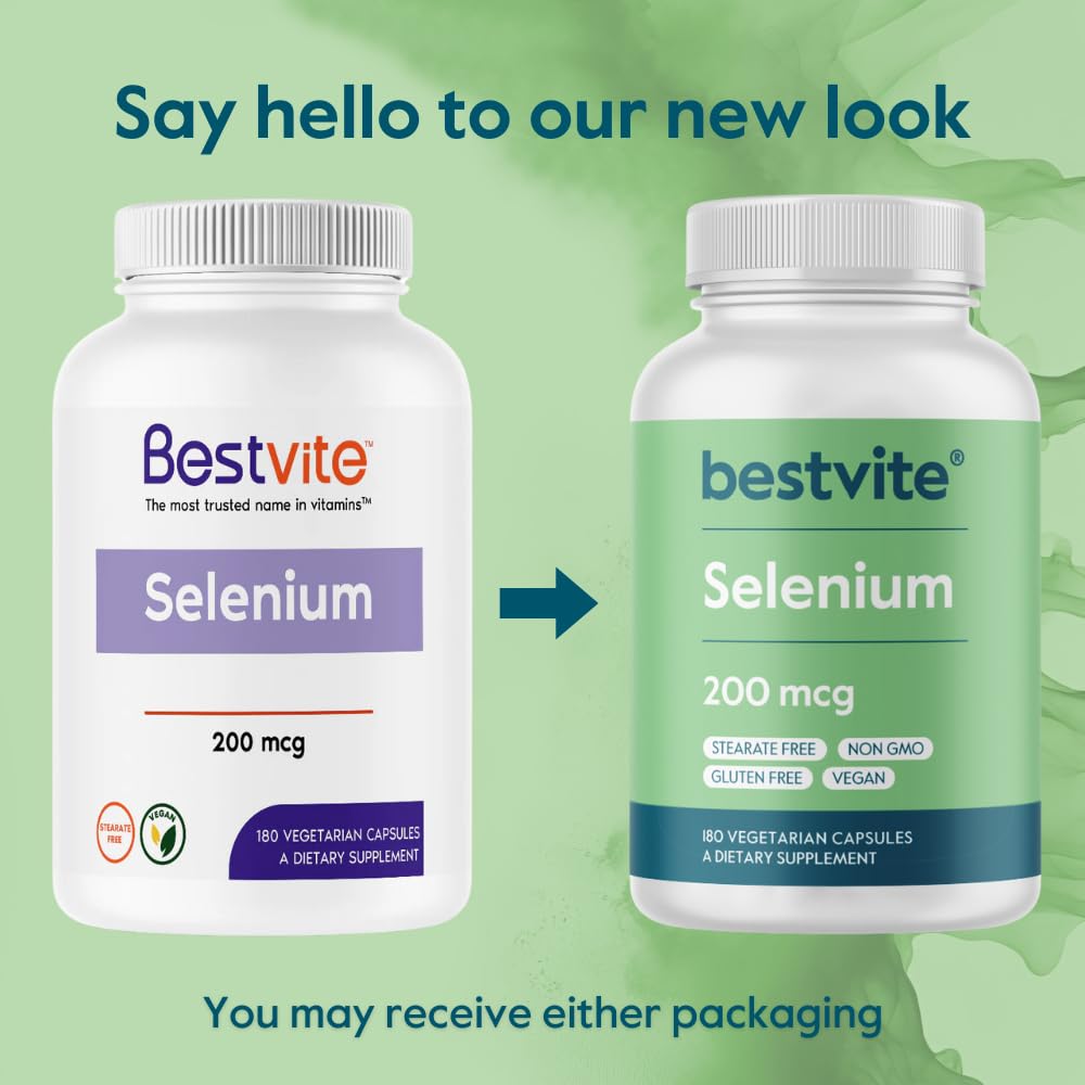BESTVITE Selenium 200mcg (180 Vegetarian Capsules) - No Stearates - No Flow Agents - Vegan - Non-GMO - Gluten Free