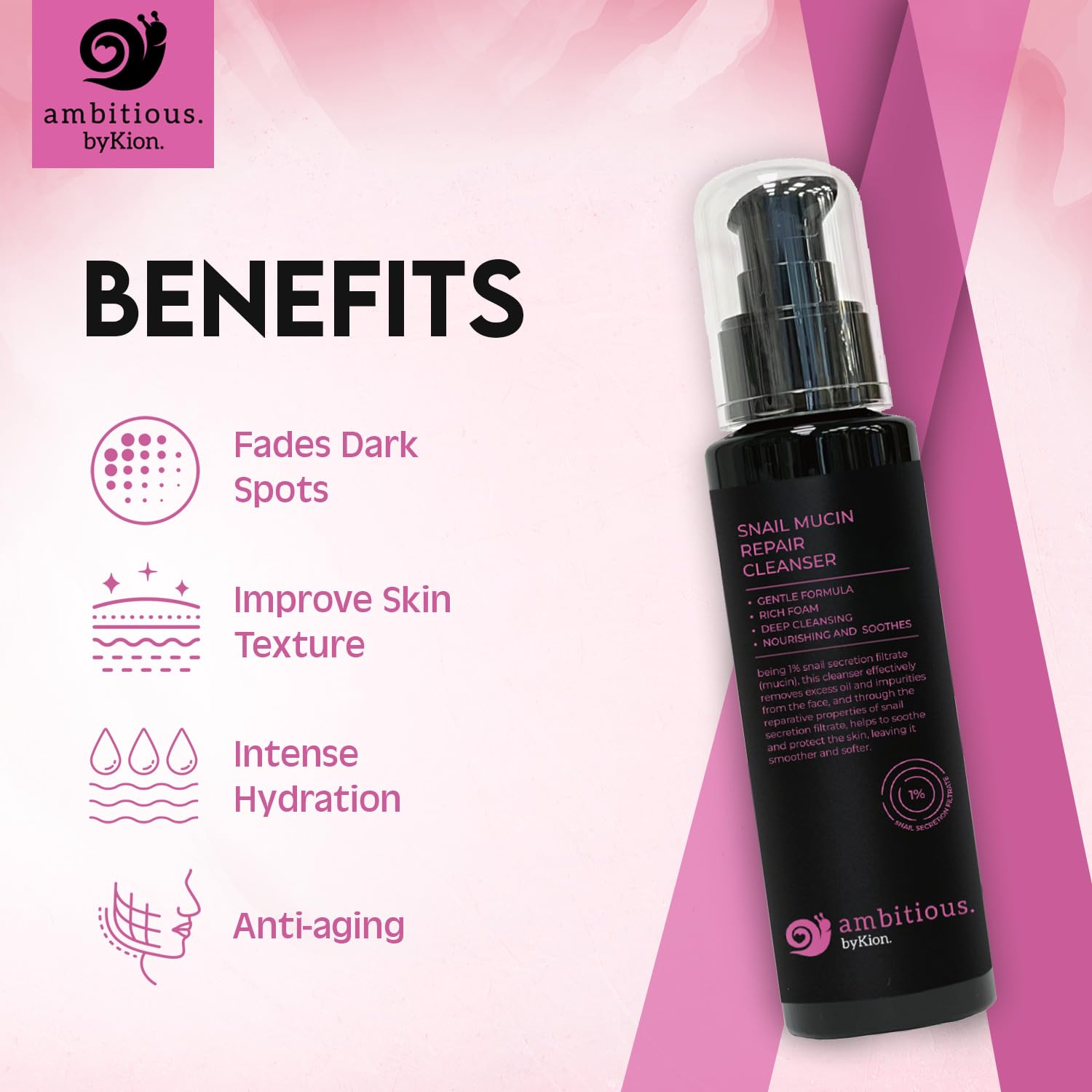 byKion ambitious Snail Mucin Cleanser 3.38 fl.oz 100ml, Hydrating Gel Cleanser for Face with 1% Snail Secretion Filtrate, Rich Daily Deep Cleansing Gel for All Skin Types | Asian Skincare