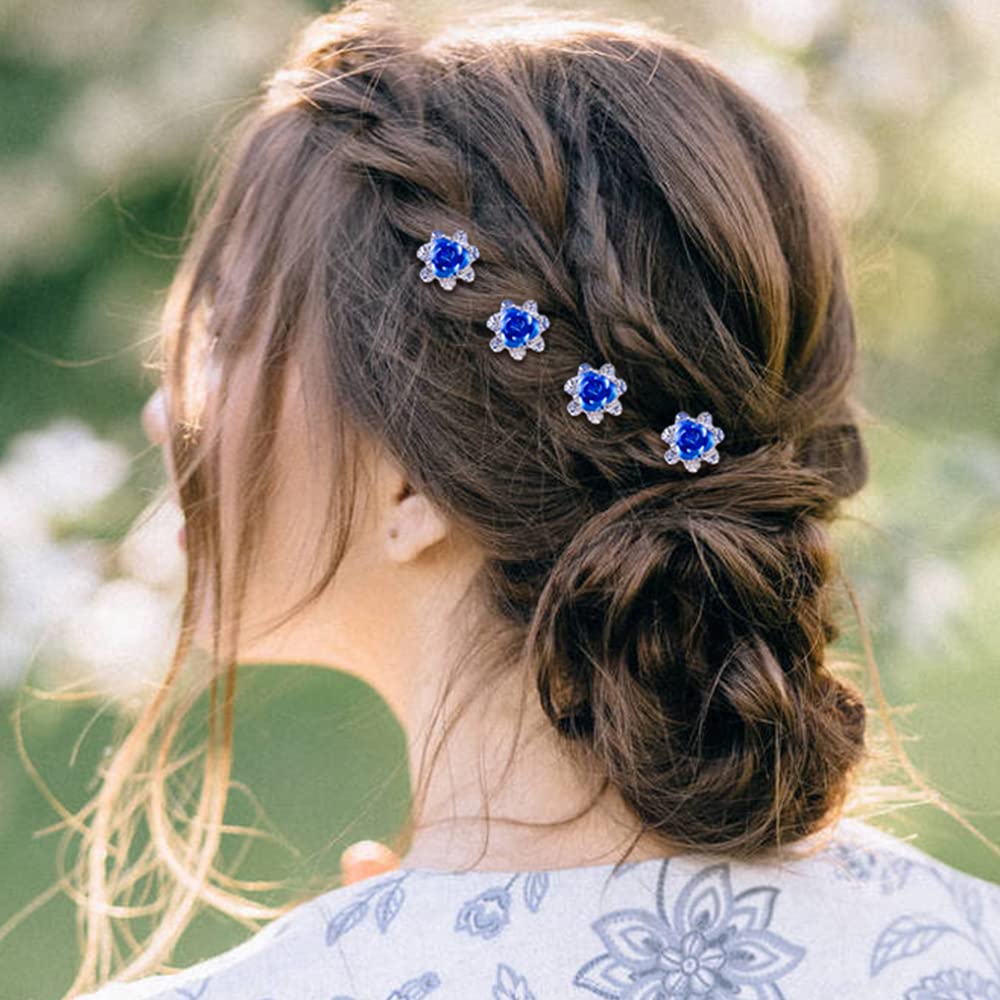 Royal Blue Set: Insowni 40Pcs Bridal Wedding Rhinestone Rose Flower U-Shaped Hair Pins & 6Pcs Twist Pearl Hairpins Headpiece Set In Gift Box For Women Girls Bridesmaid (Royal Blue