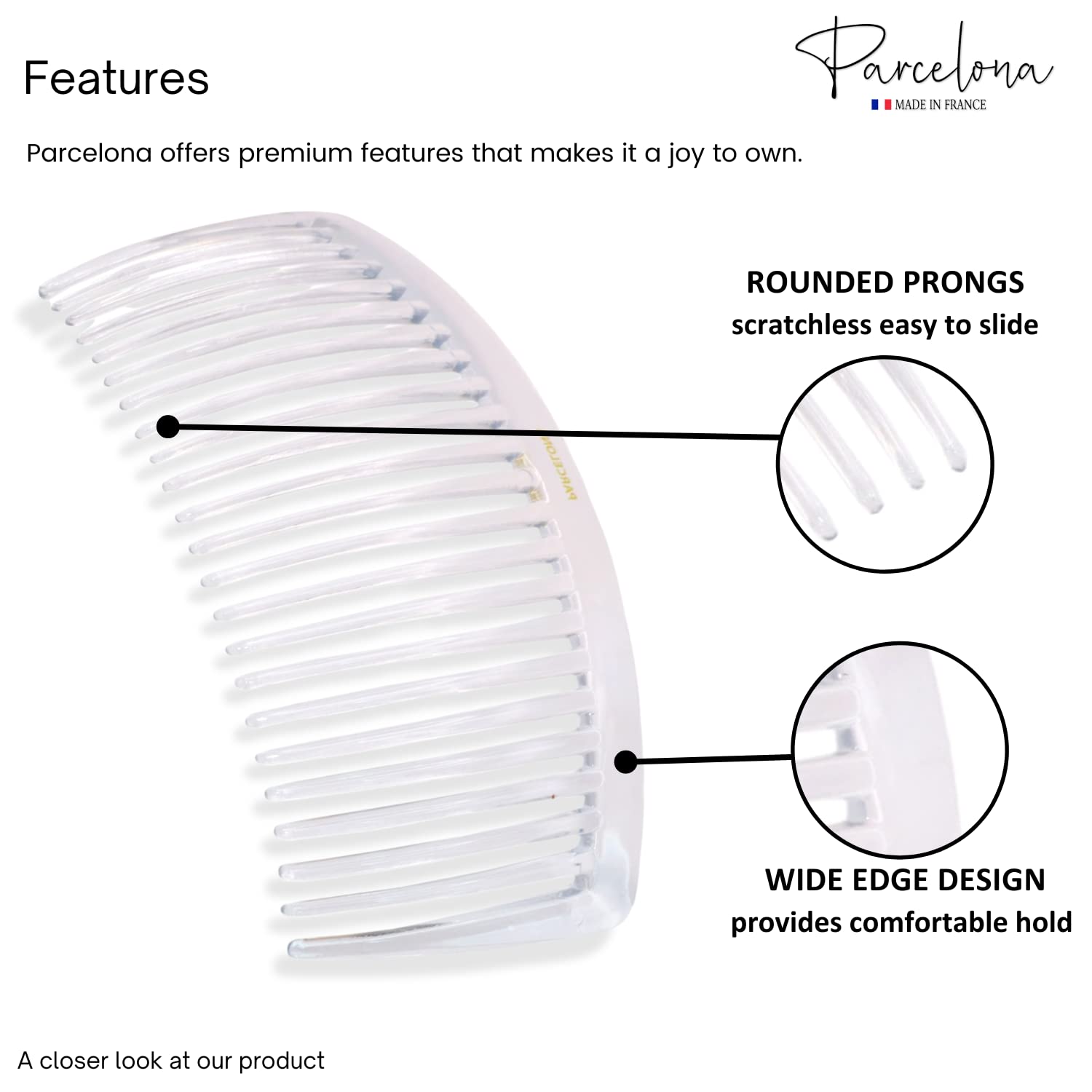 Parcelona French Pair of Clear Crystal Color Large Glossy Cellulose Acetate Good Grip Updo 23 Teeth Hair Side Combs 4.25 Inches