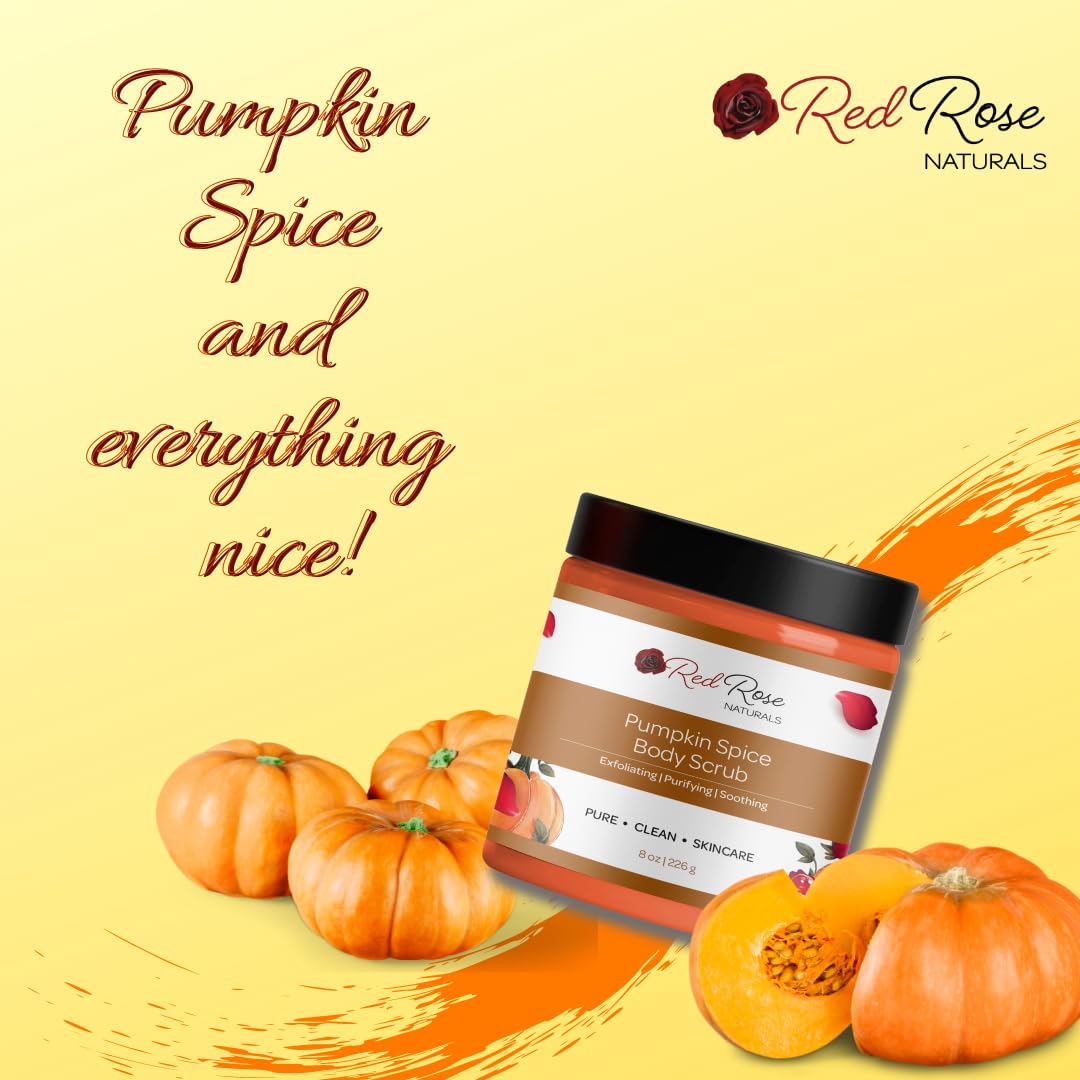 Red Rose Naturals Pumpkin Spice Body Scrub, All Natural, Gently Exfoliating, Fall Scented Body Care, Vegan Sugar Scrub,8 oz