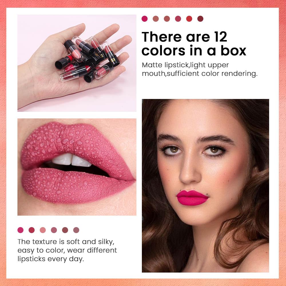 EVPCT 12Pcs Mini Pills Lipstick Capsule Set for Women - Waterproof Long Lasting Matte Small Magic Permanent 24 Hour Lipstick - Dark Ruby Plum Rose Red Nude Pink Mauve Taupe Brown Bulk Samples 01