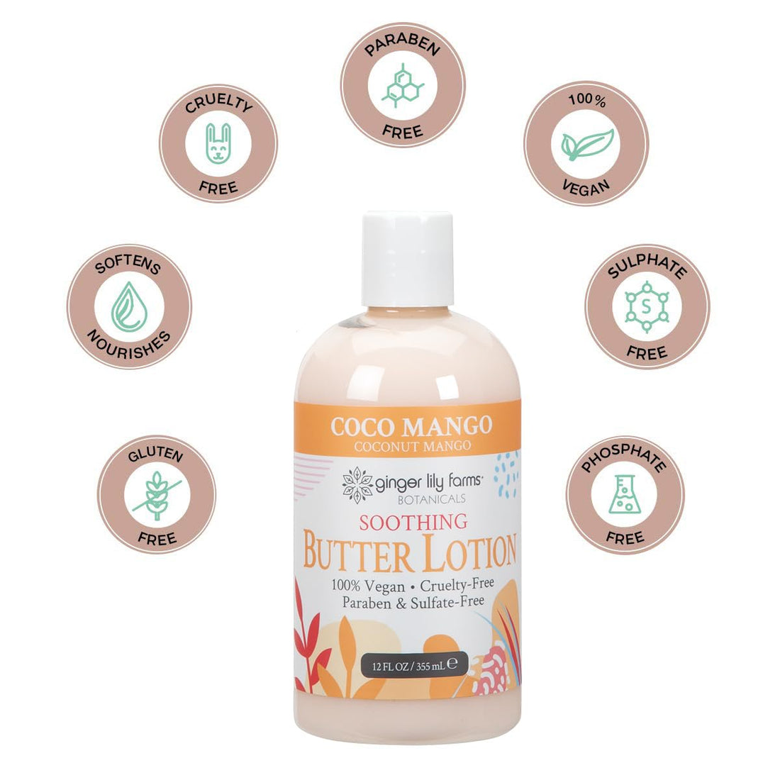 Ginger Lily Farms Botanicals Soothing Butter Lotion for Dry Skin, Coco Mango, 100% Vegan & Cruelty-Free, Coconut Mango Scent, 12 Fl Oz