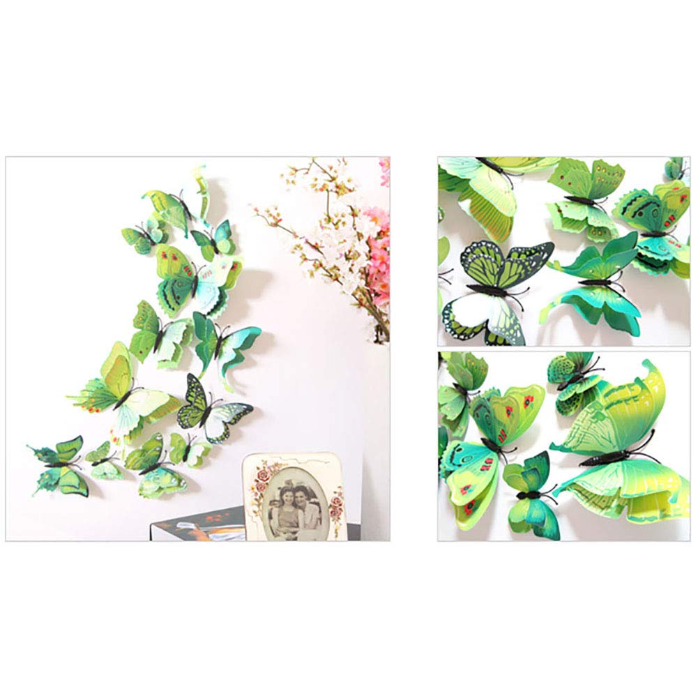 JYPHM 24PCS 3D Butterfly Wall Decal Double Wings Removable Refrigerator Magnets Stickers Decor for Kids Room Decoration Home and Bedroom Art Mural Green