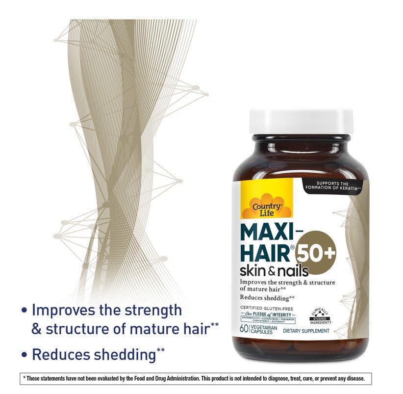 Country Life® Maxi-Hair® 50+ - Certified Gluten Free – Supports Healthy Hair Growth - Reduction in Age-Related Hair Loss and Less Shedding*