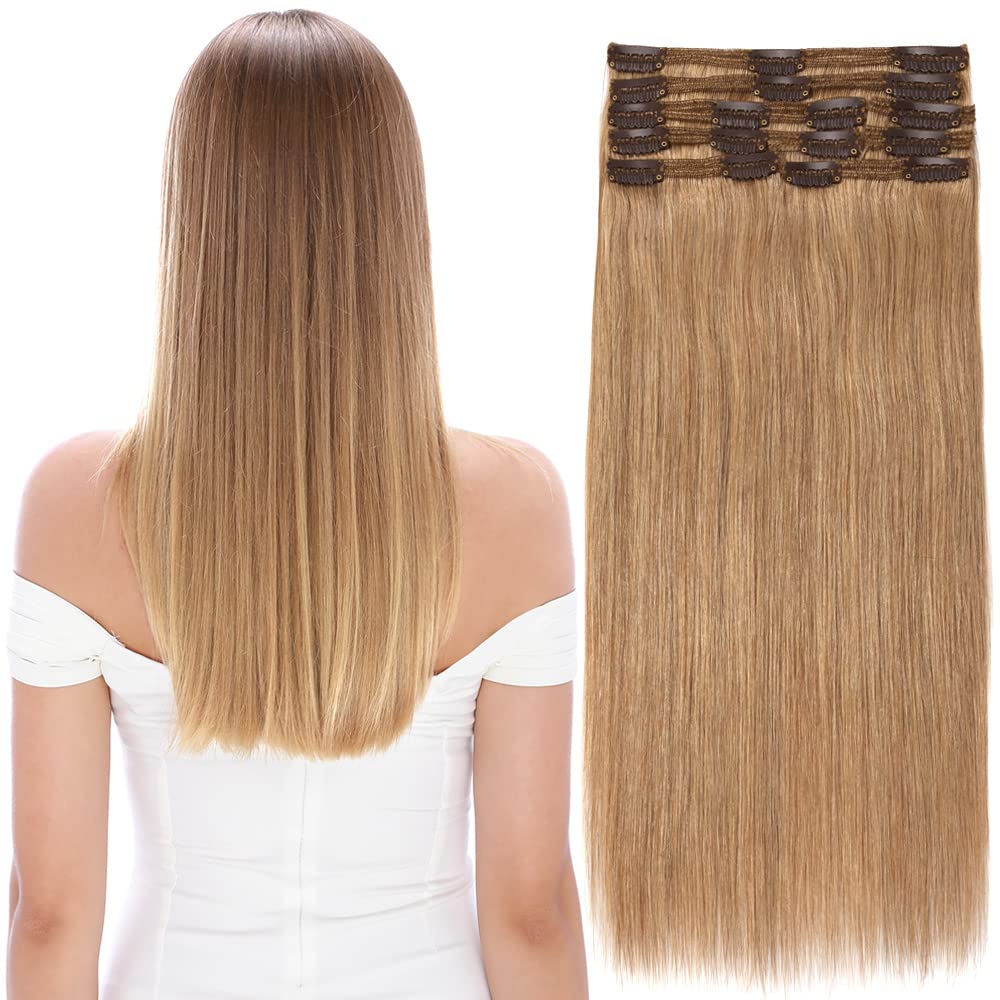 27 Dark Blonde Double Weft Clip in 100% Remy Human Hair Extensions 14''-22'' Grade 7A Full Head Thick Thickened Long Soft Silky Straight 8pcs 18clips for Women Beauty 22/22 inch 160g