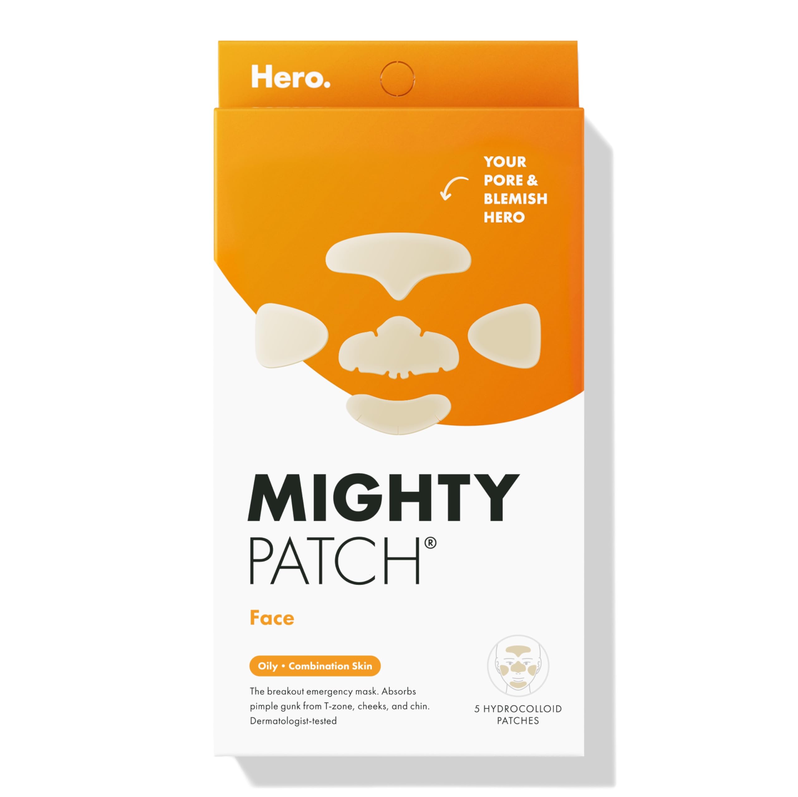 Hero Cosmetics Mighty Patch™ Face Patch - XL Hydrocolloid Face Mask for Acne, 5 Large Pimple Patches for Zit Breakouts on Nose, Chin, Forehead & Cheeks (1 Count)