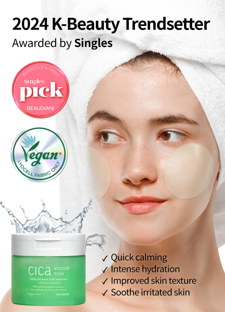 BEAUDIANI CICA ampoule mask 100ea, Skin Care pad, Korean Toner Pads, centella asiatica Toner pad, Hydrating, Facial Essentials, Quick Calming, Reduce hot Flush, Nutrition for Irritated Skin
