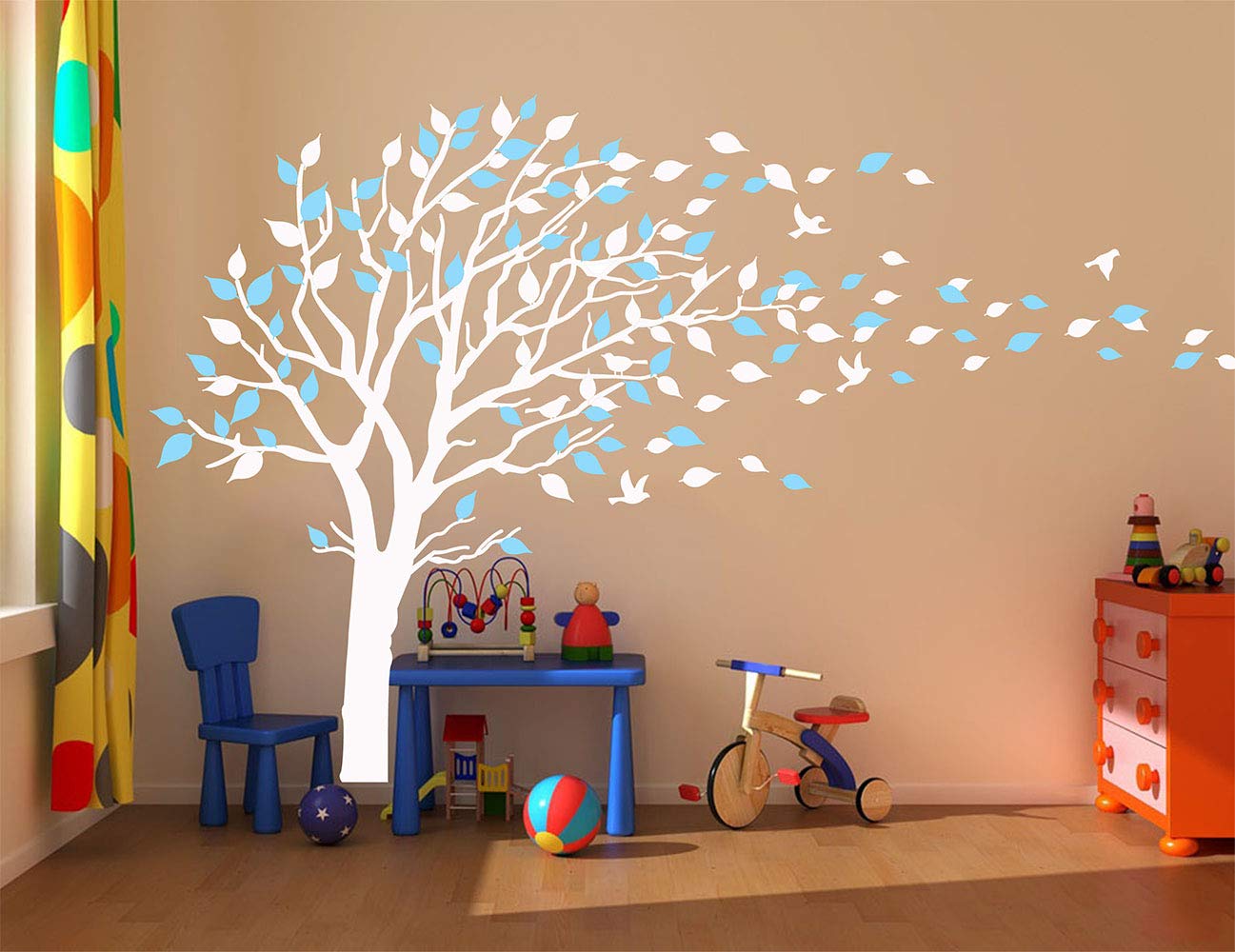 LUCKKYY Tree Blowing in The Wind Tree Wall Decals Wall Sticker Vinyl Art Kids Rooms Teen Girls Boys Wallpaper Murals Sticker Wall Stickers Nursery Decor Nursery Decals (White+Blue)