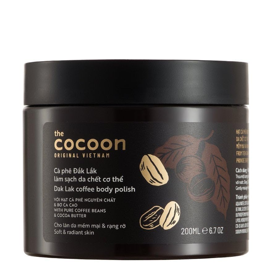 Cocoon Dak Lak Coffee Body Polish with Coconut & Shea Butter. 100% Vegan Exfoliating Scrub for Smooth & Glowing Skins | Reduce Stretch Marks, Acne & Cellulite | Gift for Coffee Lovers (6.76 fl oz)