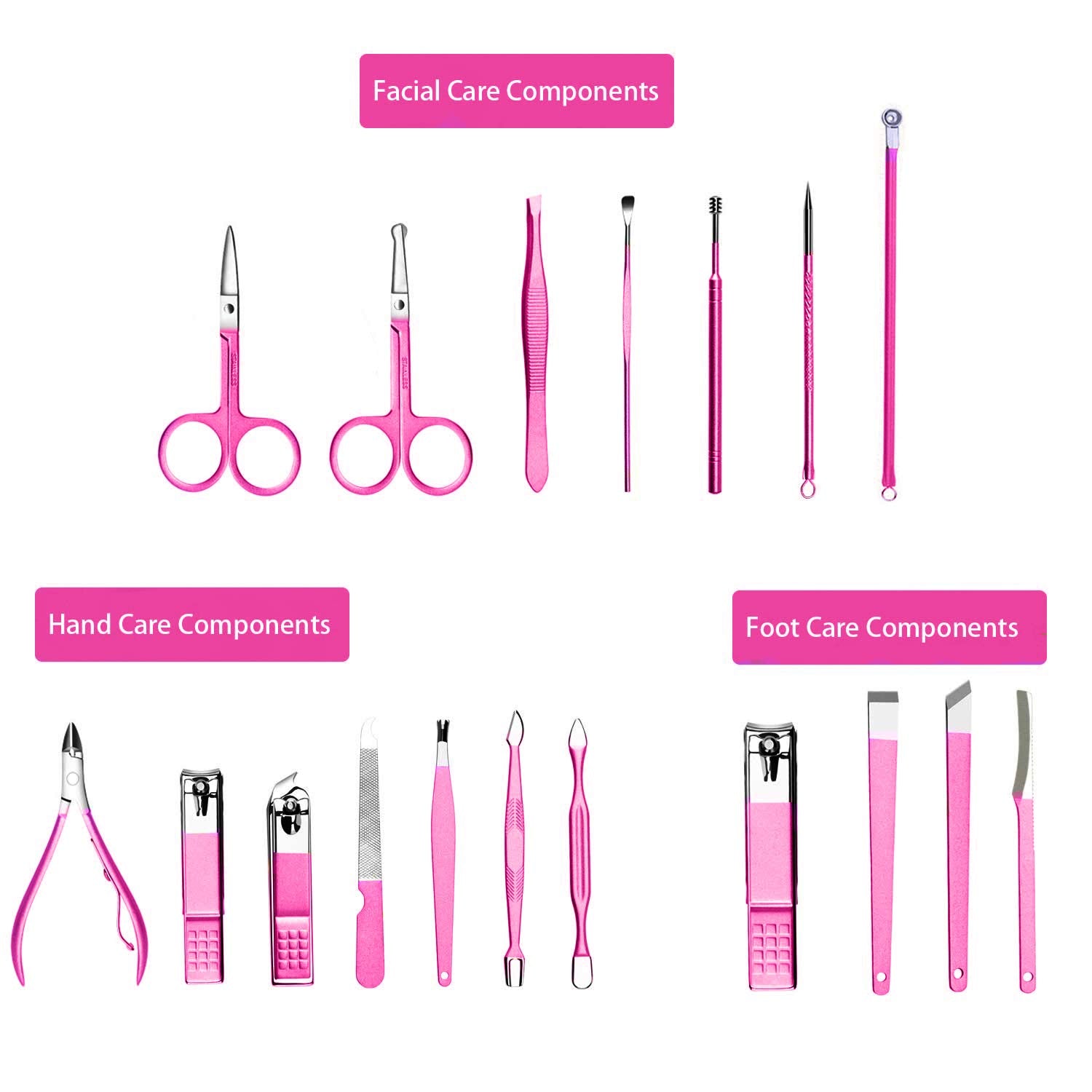 Glamne Manicure Pedicure Set Professional Nail Care Grooming Kitwith Travel Case 18pcs (Shining Rosy)