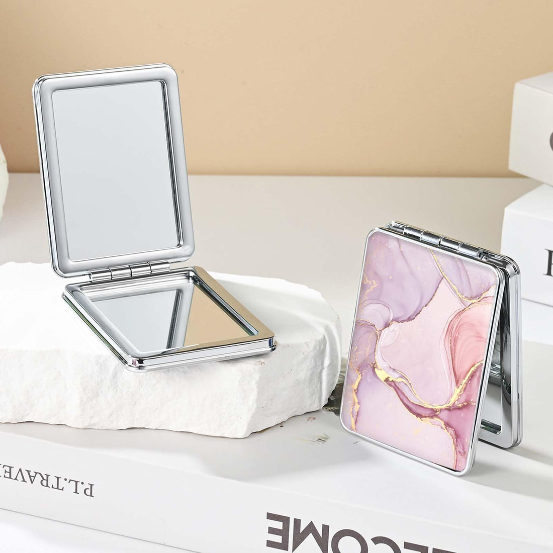 dcdcee Pocket Mirror, Small Travel Mirror with Magnification, Portable Double-Sided Magnifying Cosmetic Mirror for Daily (Pink Marble)