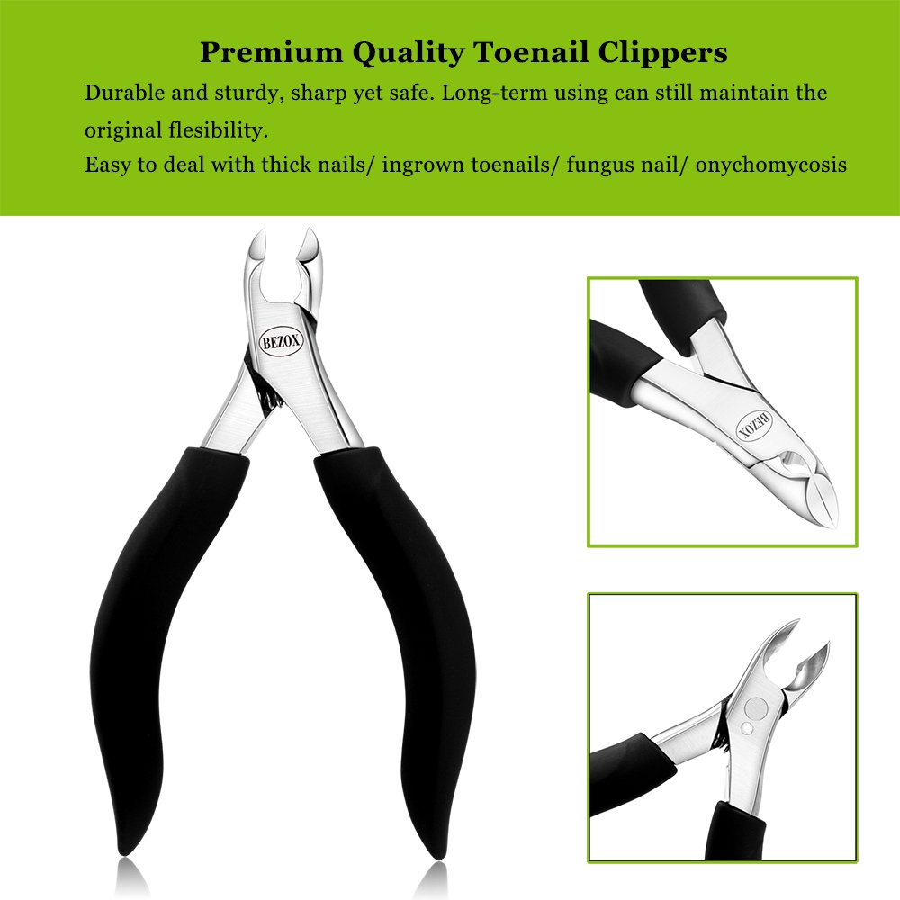 BEZOX Toenail Clippers for Thick or Ingrown Nails - Heavy Duty Stainless Steel Soft Grip Toe Nail Cutters - Olecranon Short