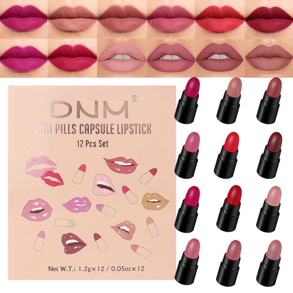 EVPCT 12Pcs Mini Pills Lipstick Capsule Set for Women - Waterproof Long Lasting Matte Small Magic Permanent 24 Hour Lipstick - Dark Ruby Plum Rose Red Nude Pink Mauve Taupe Brown Bulk Samples 01