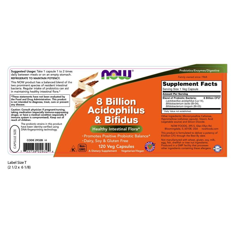 NOW Foods Supplements, 8 Billion Acidophilus & Bifidus, Dairy, Soy and Gluten Free, Strain Verified, 120 Veg Capsules