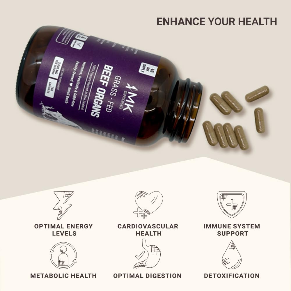 MK Supplements – Grass-Fed Beef Organs 3000 mg, 180 Beef Organs Capsules, Multivitamin, 100% Pasture-Raised in New Zealand, 45-Day Supply, Liver, Heart, Kidney, Spleen, Pancreas