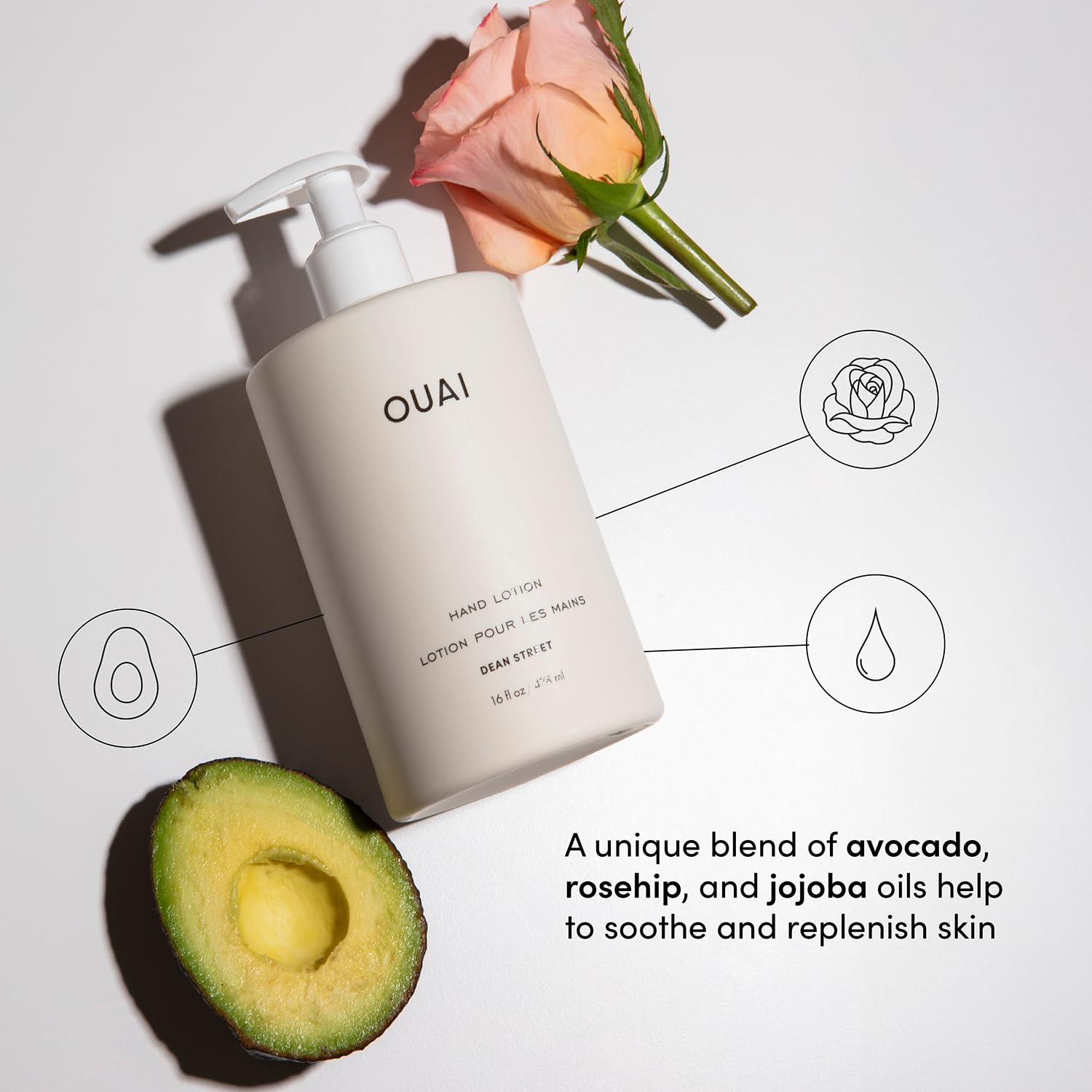 OUAI Hand Wash and Hand Lotion Set, Dean Street Scent - Moisturizes and Exfoliates with Daily Use - Made with Jojoba Esters, Avocado & Rosehip Oils (16 Fl Oz Each)
