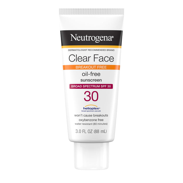 Neutrogena Clear Face Sunscreen Lotion for Acne-Prone Skin, Broad Spectrum SPF 30 Facial Sunscreen for Oily Skin, Oil-, Fragrance- & Oxybenzone-Free Water Resistant Sunscreen, 3 fl. oz