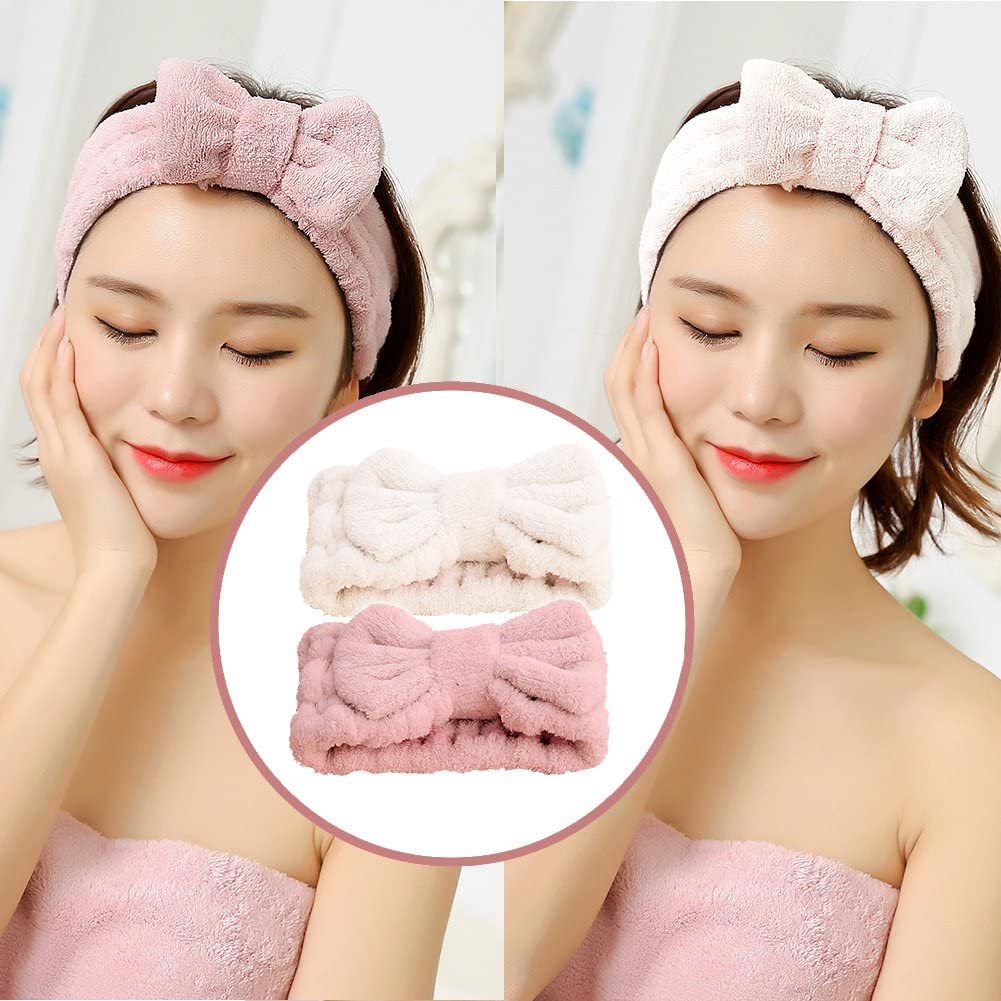 Jseng Microfiber Bowtie Women Beauty Headbands, Extrame Soft & Ultra Absorbent, Comfort to Wash Makeup Shower Facial Skincare Spa Thick Hair Band for Girls (Beige+Pink)
