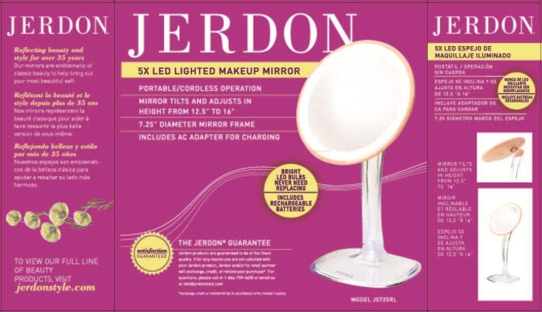 Jerdon JS725RL 7.25-Inch LED Lighted Single-Sided Vanity Mirror with 5x Magnification, Clear/Rose Gold