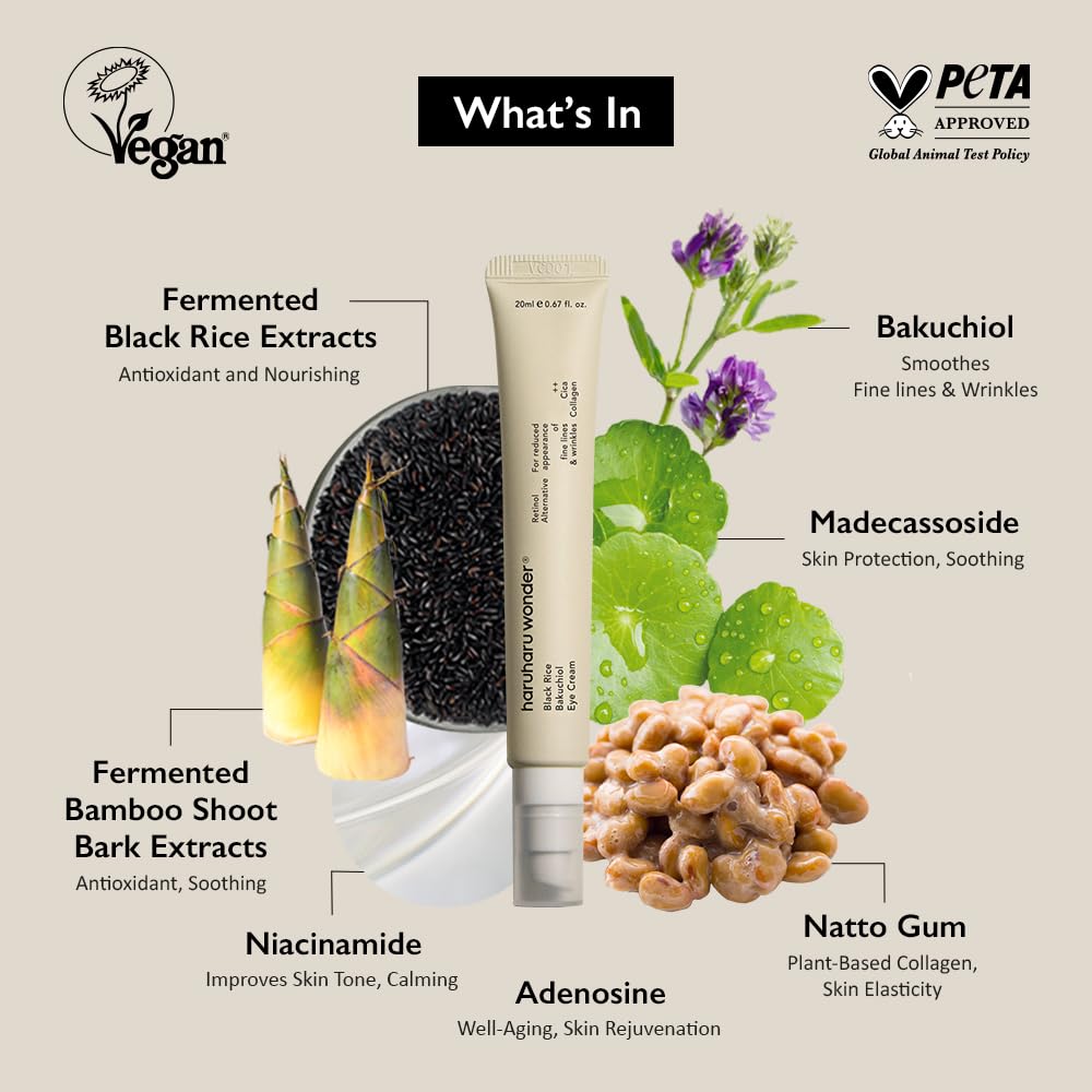HARUHARU wonder Black Rice Bakuchiol Eye Cream, Smooths Fine Lines & Crow’s Feet, Reduces Puffiness & Dark Circles, Lightweight Day and Night Care (Duo Set)