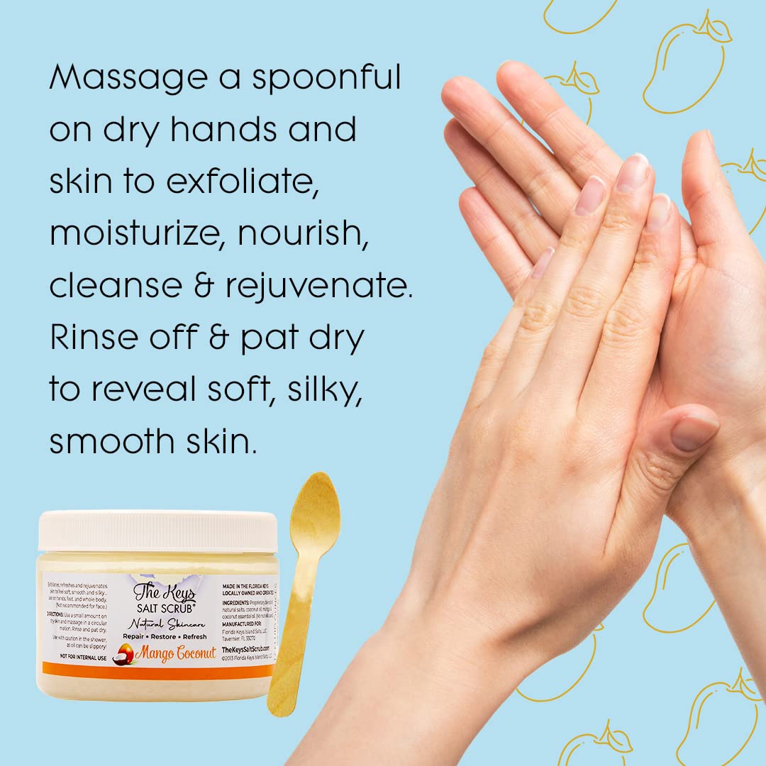 The Keys | Mango Coconut Sea Salt Scrub - Natural Exfoliating Body Scrub with Wooden Spoon, Organic Moisturizing Exfoliator for Face, Hand, Foot, Bath, Manicure/Pedicure & Bikini Area (12 oz)