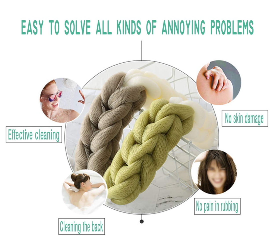 AARainbow 4 Packs Long Stretch Back Sponge with Rope Handles Back Scrubber Bath Shower Mesh Sponge Exfoliating Body Scrub Stretch Braided Loofah for Men and Women (1 White+1 Grey+1 Pink+1 Lotus Pink